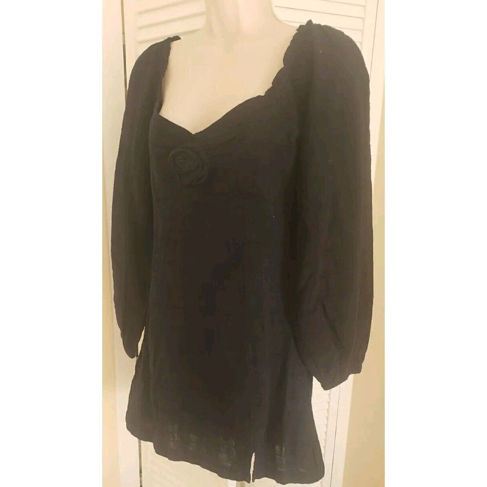 NEW FREE PEOPLE COTTON BLACK LONG SLEEVE SMOCKED BUTTONS MINI DRESS SMALL
